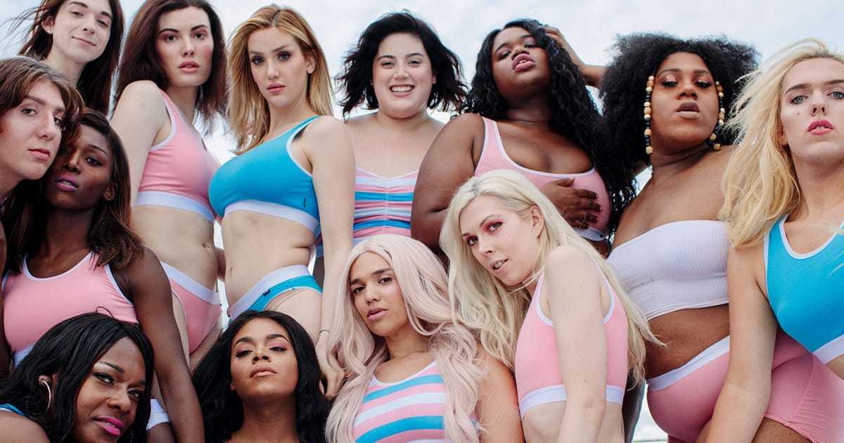 Women wearing TomboyX Trans Pride Stripe Products