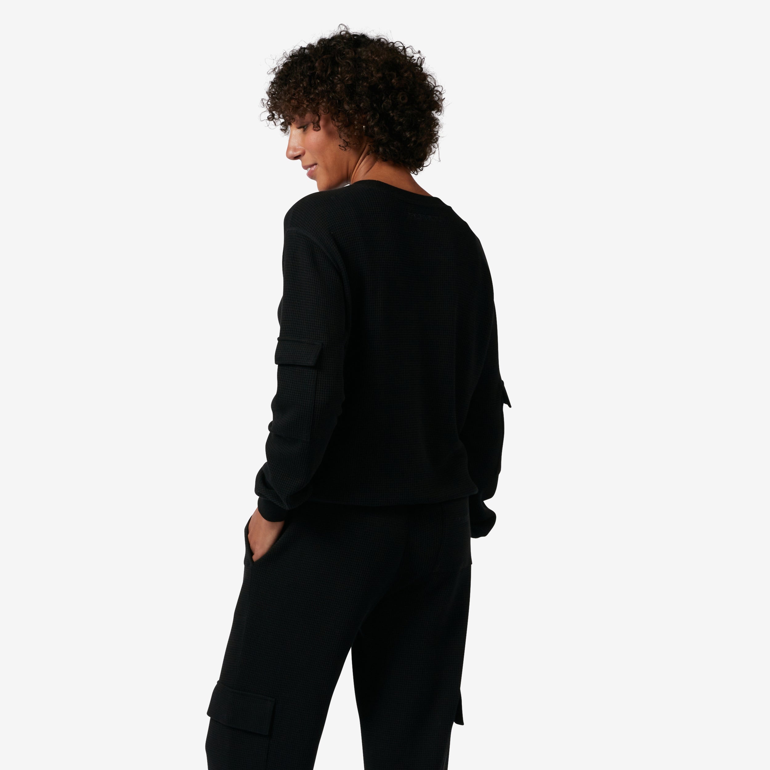 Modal Cloud Waffle Long Sleeve Cargo Crew - Black Beauty