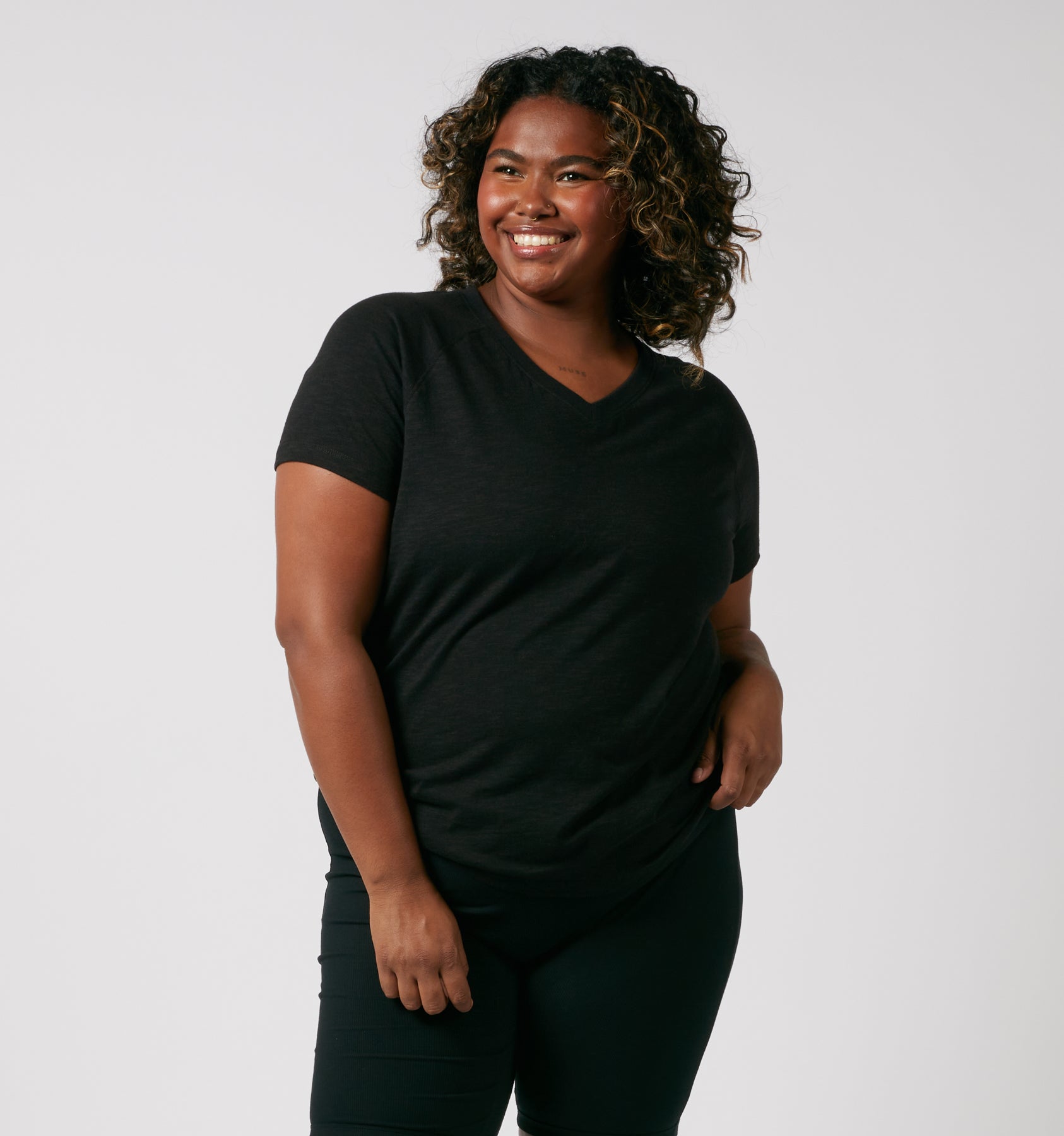 Short Sleeve Jersey Slub V Neck Tee - Black