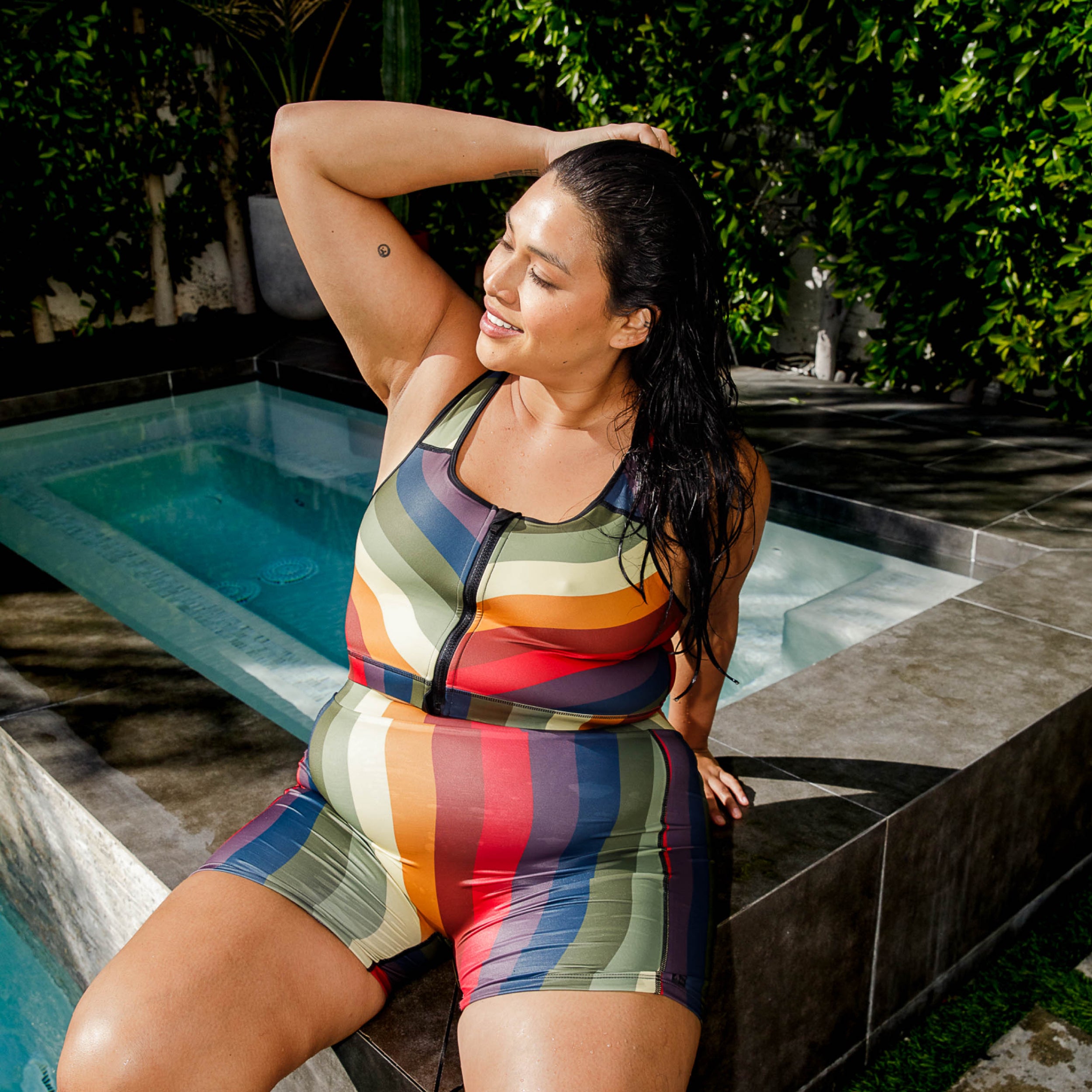 Swim Racerback Zip Compression Top - Rainbow Wave