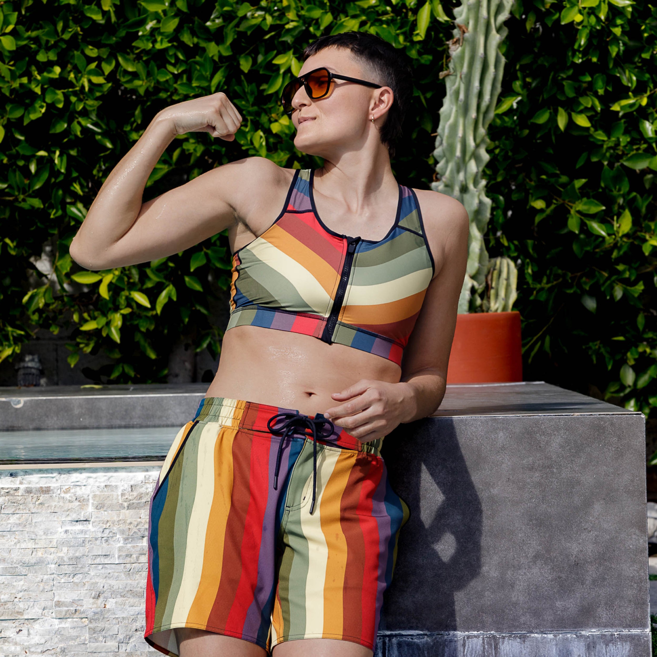Swim Racerback Zip Compression Top - Rainbow Wave